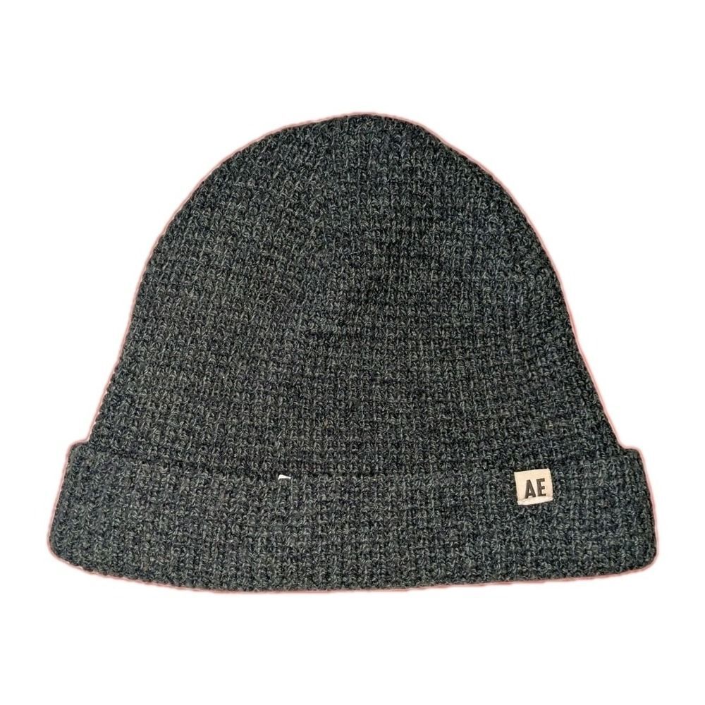 American Eagle Dark Gray Knit Beanie Hat Folded Brim Unisex Winter Ribbed Warm